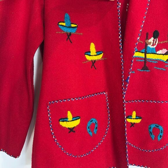 Vintage Handmade Tourist Jacket Womens Medium Red Embroidered Mexican Folk Art - Picture 10 of 13